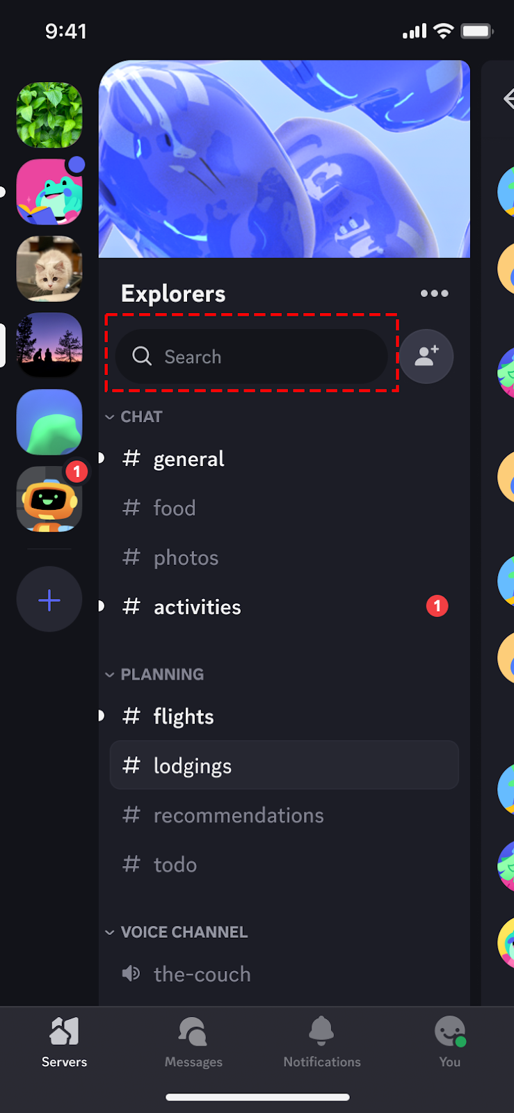 The Discord user interface. The far left sidebar lists all the Discord