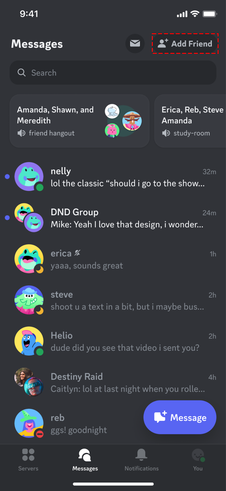 Friends list and server list – Discord