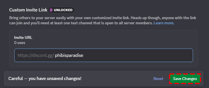 Save Changes button after entering your Custom Invite URL