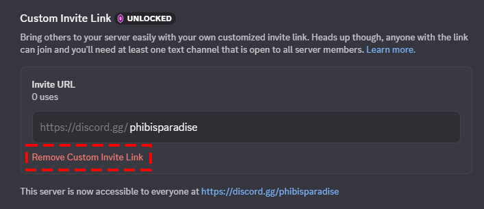 Remove Custom Invite Link button