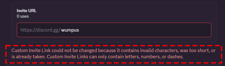 Erro ao definir um link de convite personalizado