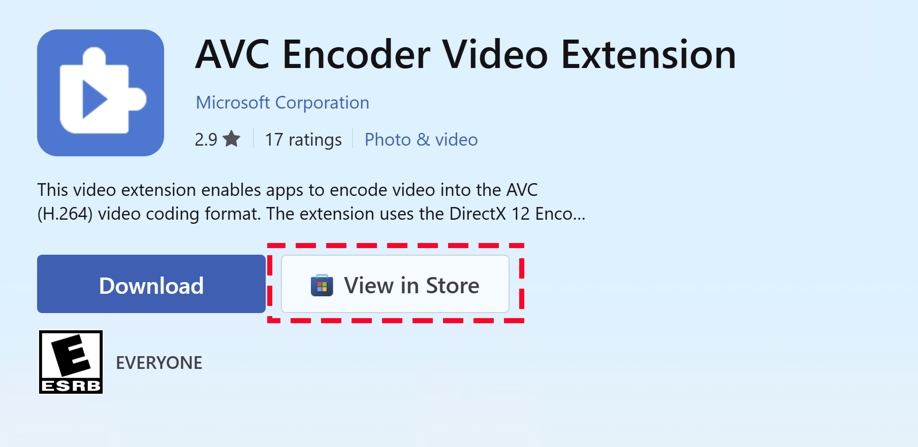 ウェブブラウザのMicrosoft StoreのAVCエンコーダー動画拡張子で検索ページの「Storeで表示」ボタン。