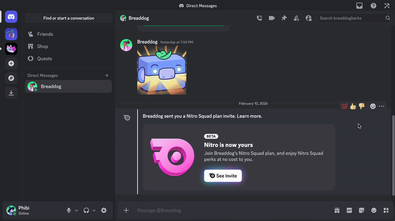 A GIF accepting a Nitro Squad invite and activating a Nitro subscription.