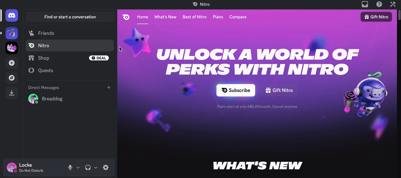 Een gifje waarin wordt getoond dat iemand op de Nitro-pagina op de knop Abonneren klikt en vervolgens de abonnementsoptie Nitro Squad voor niet-abonnees vindt.