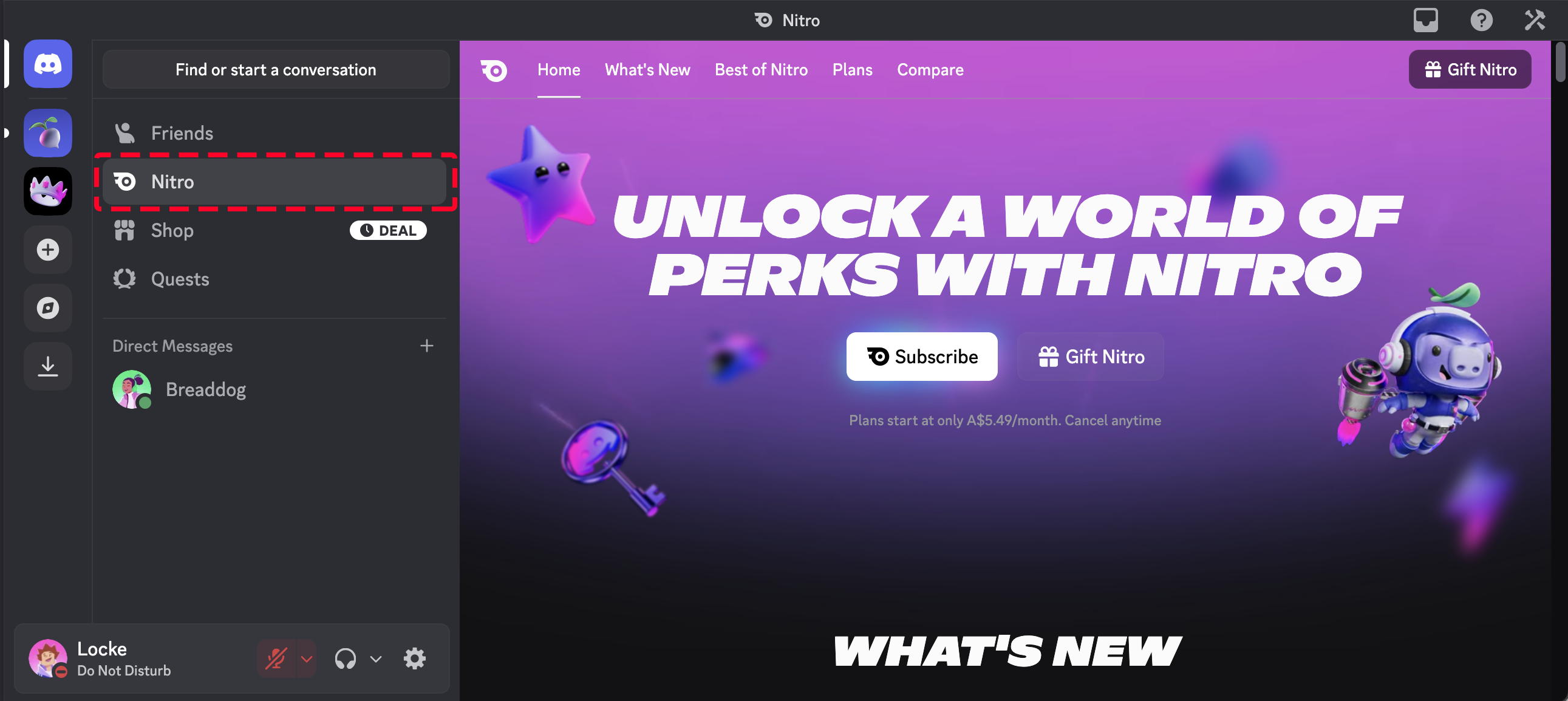在左上角的選擇 Discord 圖示後，「Nitro」分頁會顯示在「好友」分頁下方。