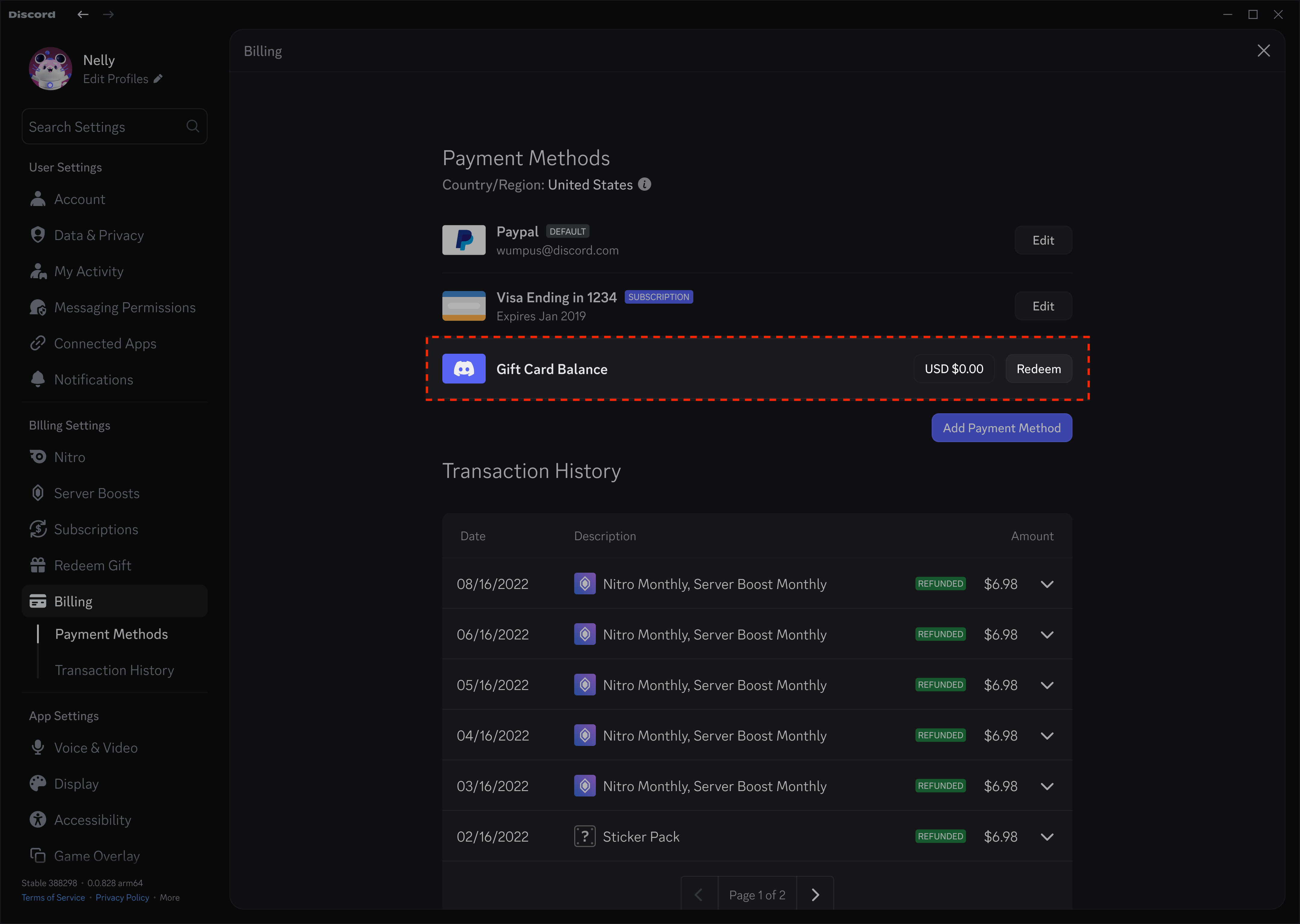 Redeeming a Discord Gift Card through Billing on Desktop