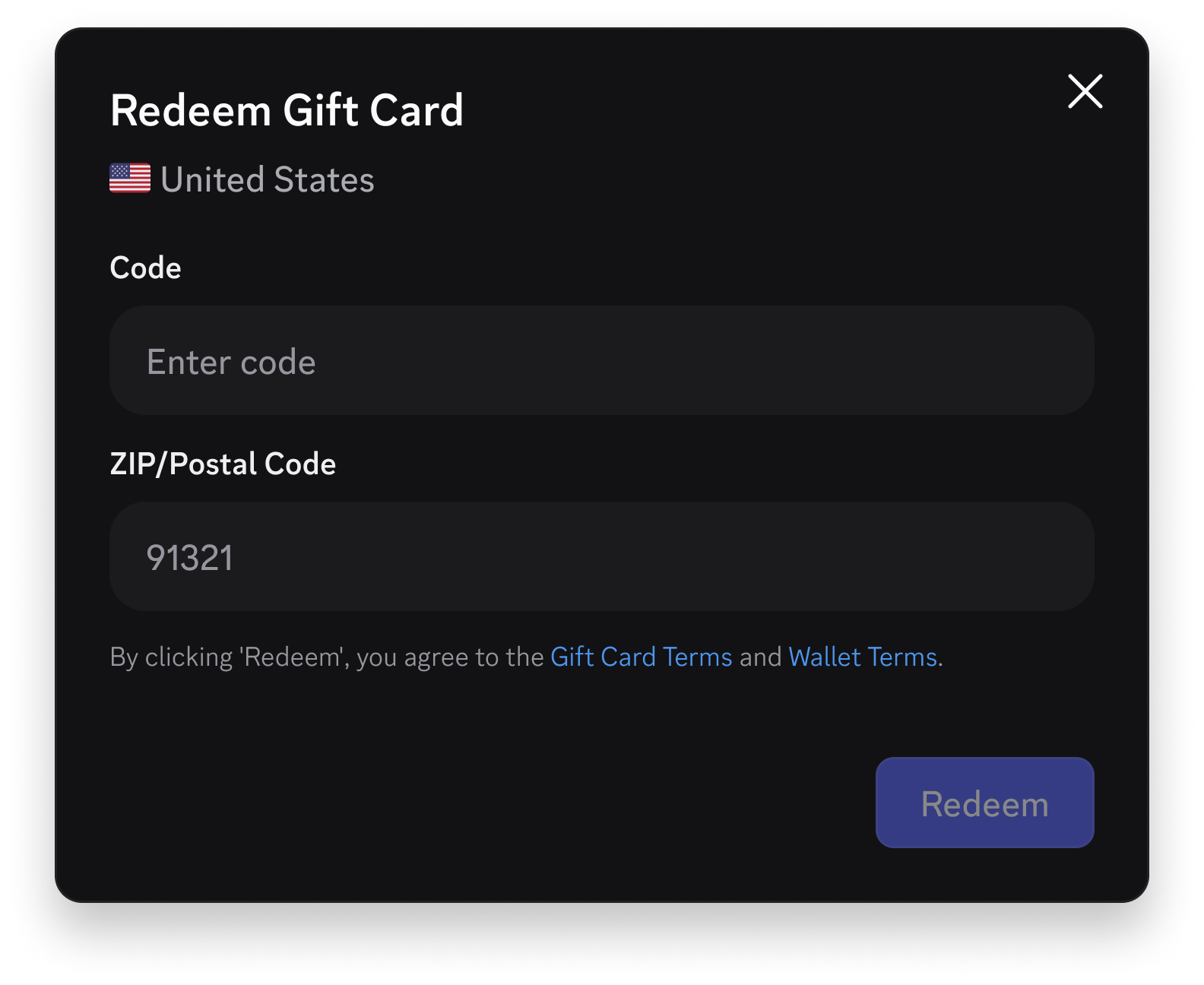 Redeeming a Discord Gift Card through Billing on Desktop