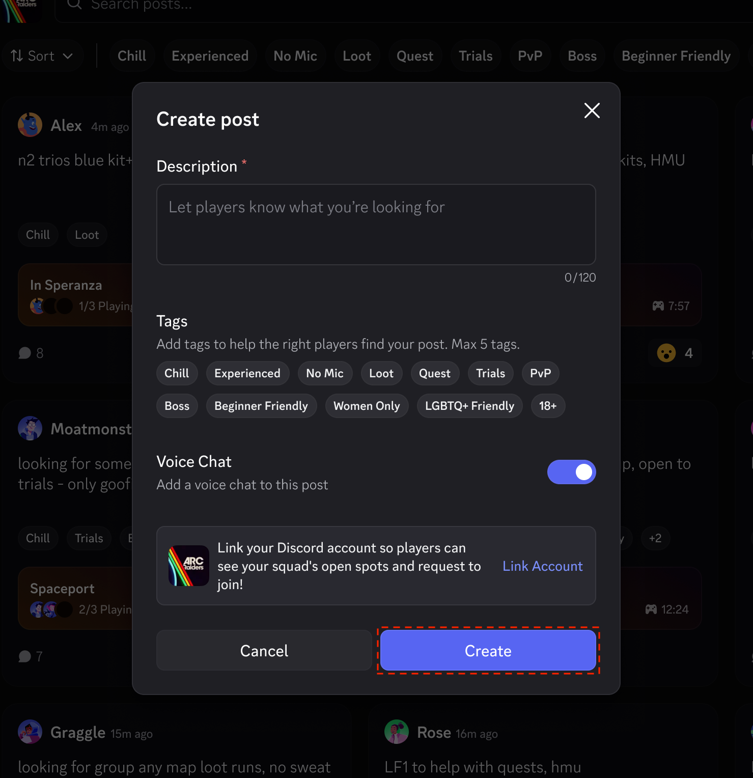 Invite Creation Window