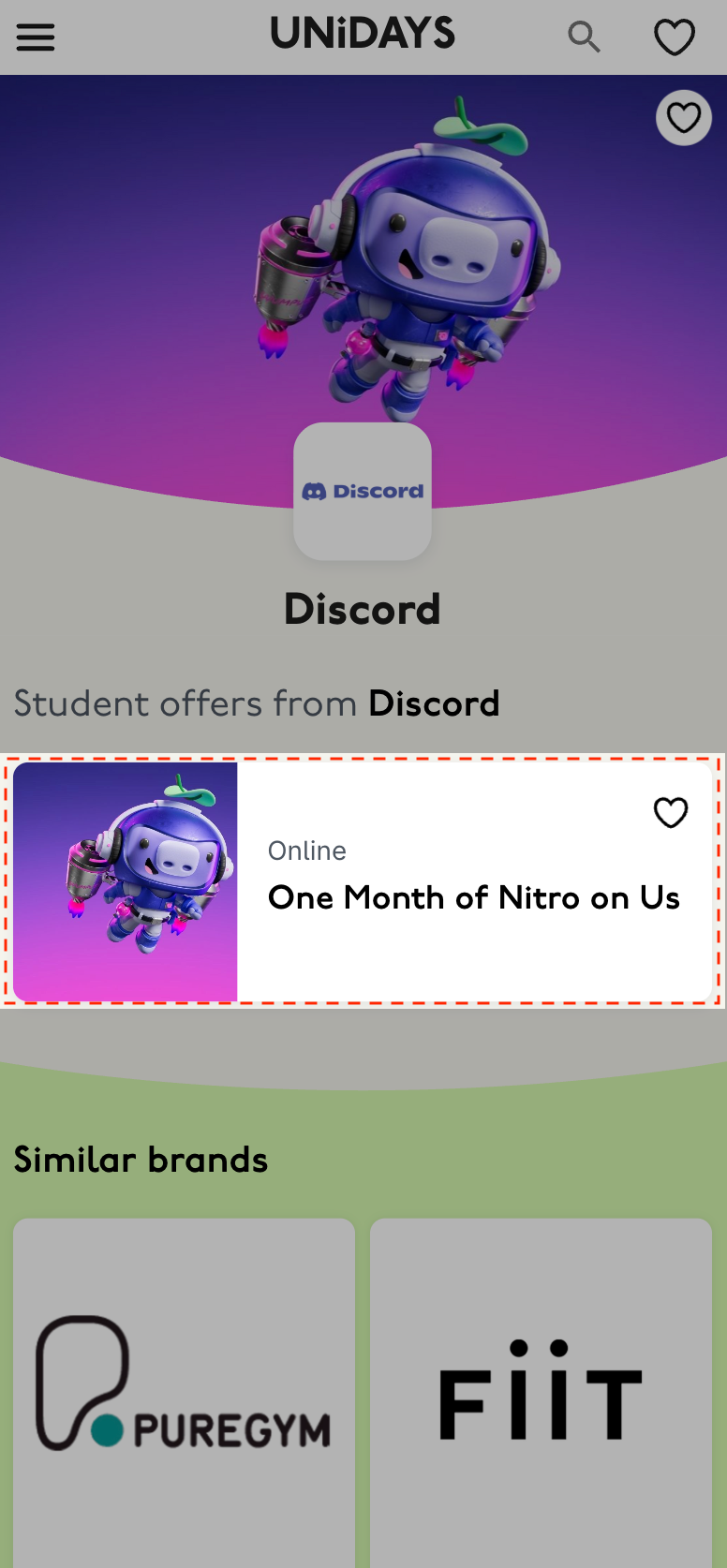 UNiDAYS 모바일 앱의 Discord 혜택 타일