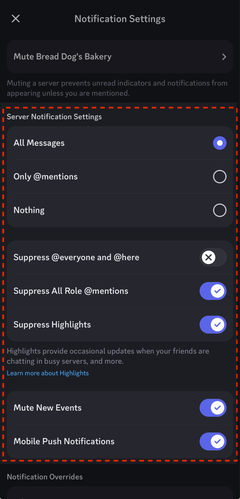 Server Notification Settings Options