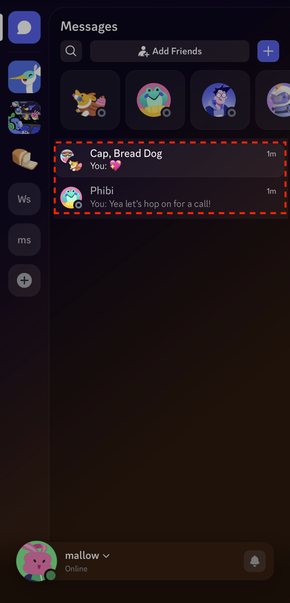 I MD e le chat di gruppo appaiono come cerchi