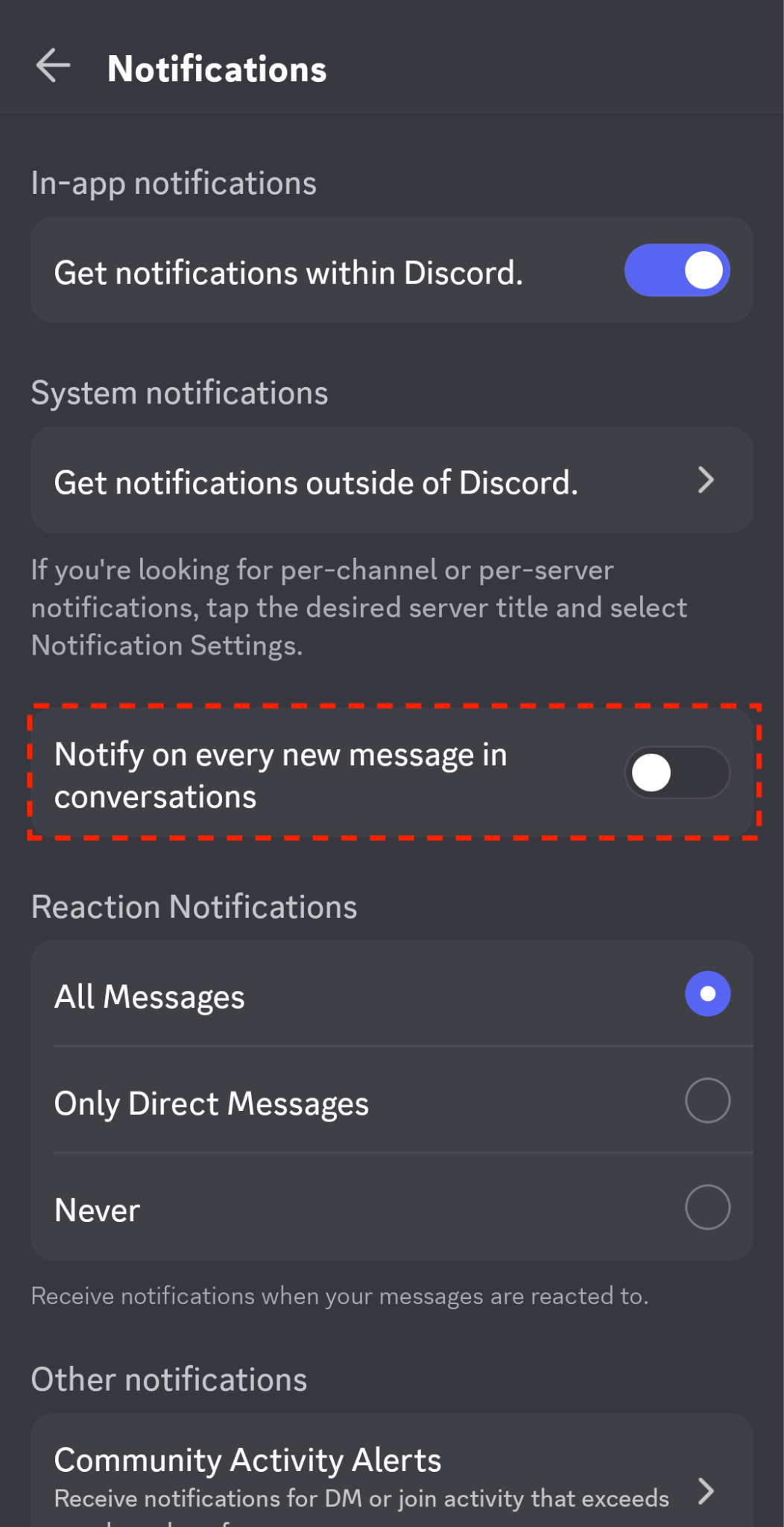 Notify on every new message in conversations on Android