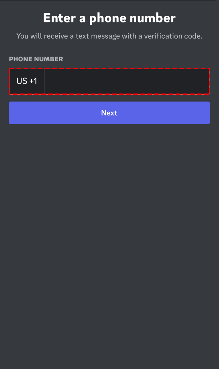 Come parte del processo di verifica su Discord, gli utenti devono inserire il proprio numero di telefono in questa pagina sul dispositivo mobile nel campo di testo vuoto prima di premere il pulsante Avanti.