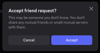 "Accept friend request?" alert for a message from an unfamiliar user