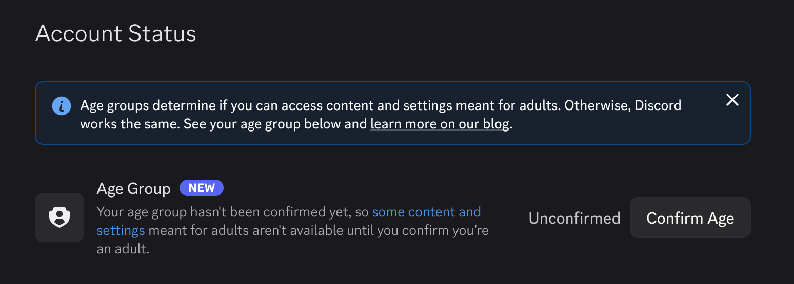 Account Status screen showing an unconfirmed age group with a Confirm Age button