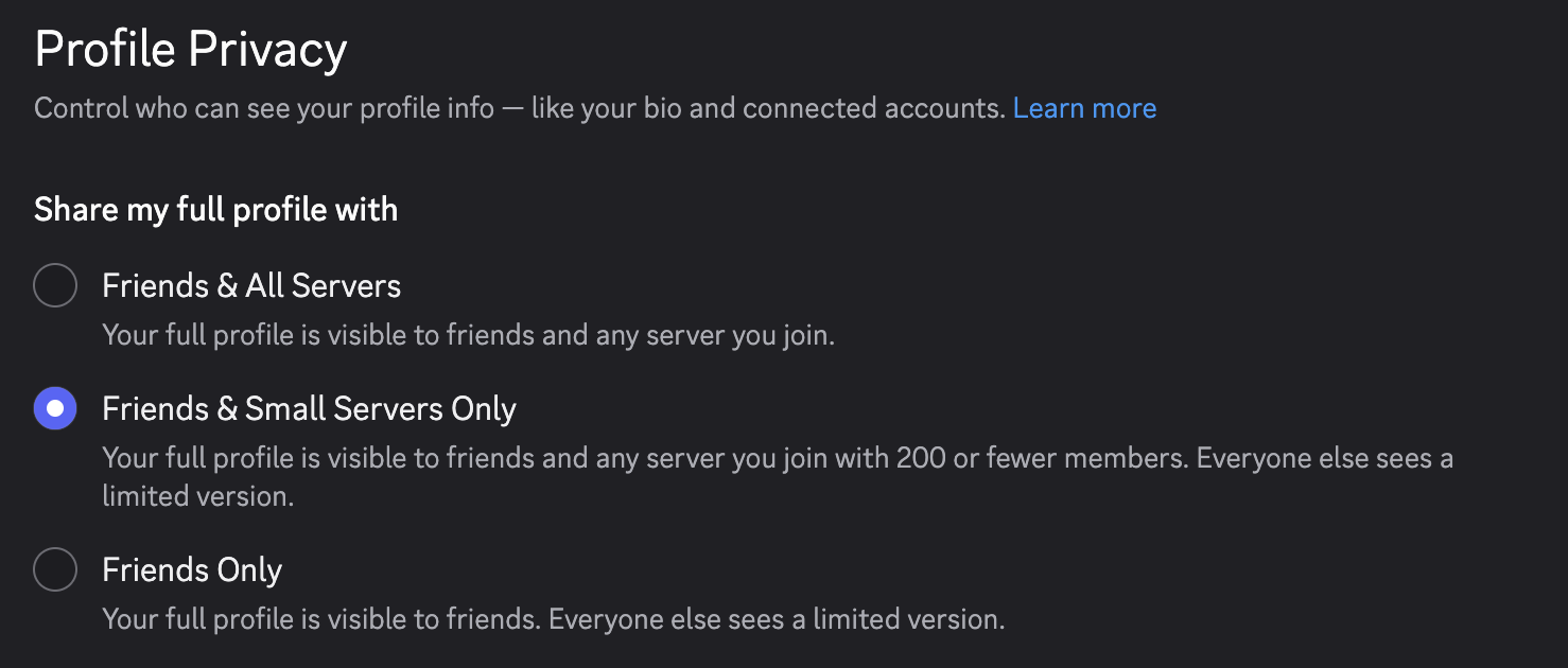 Profile Privacy settings, with "Friends & Small Servers Only" selected