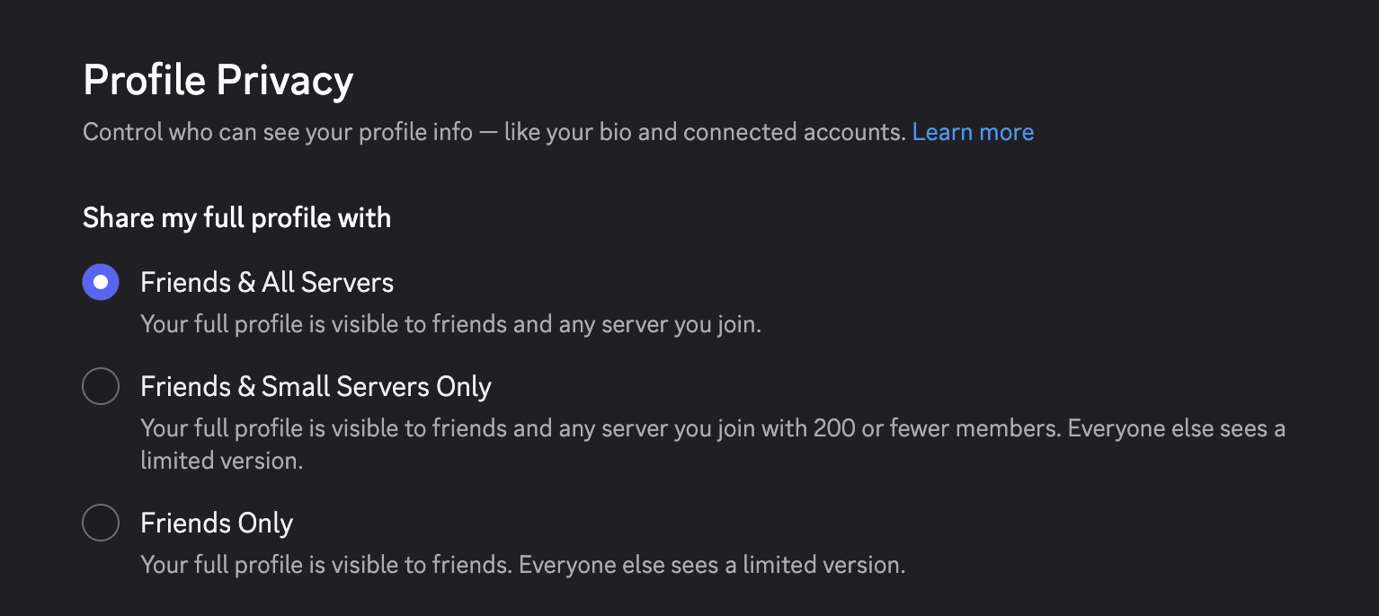 Profile Privacy settings with "Friends & All Servers" selected