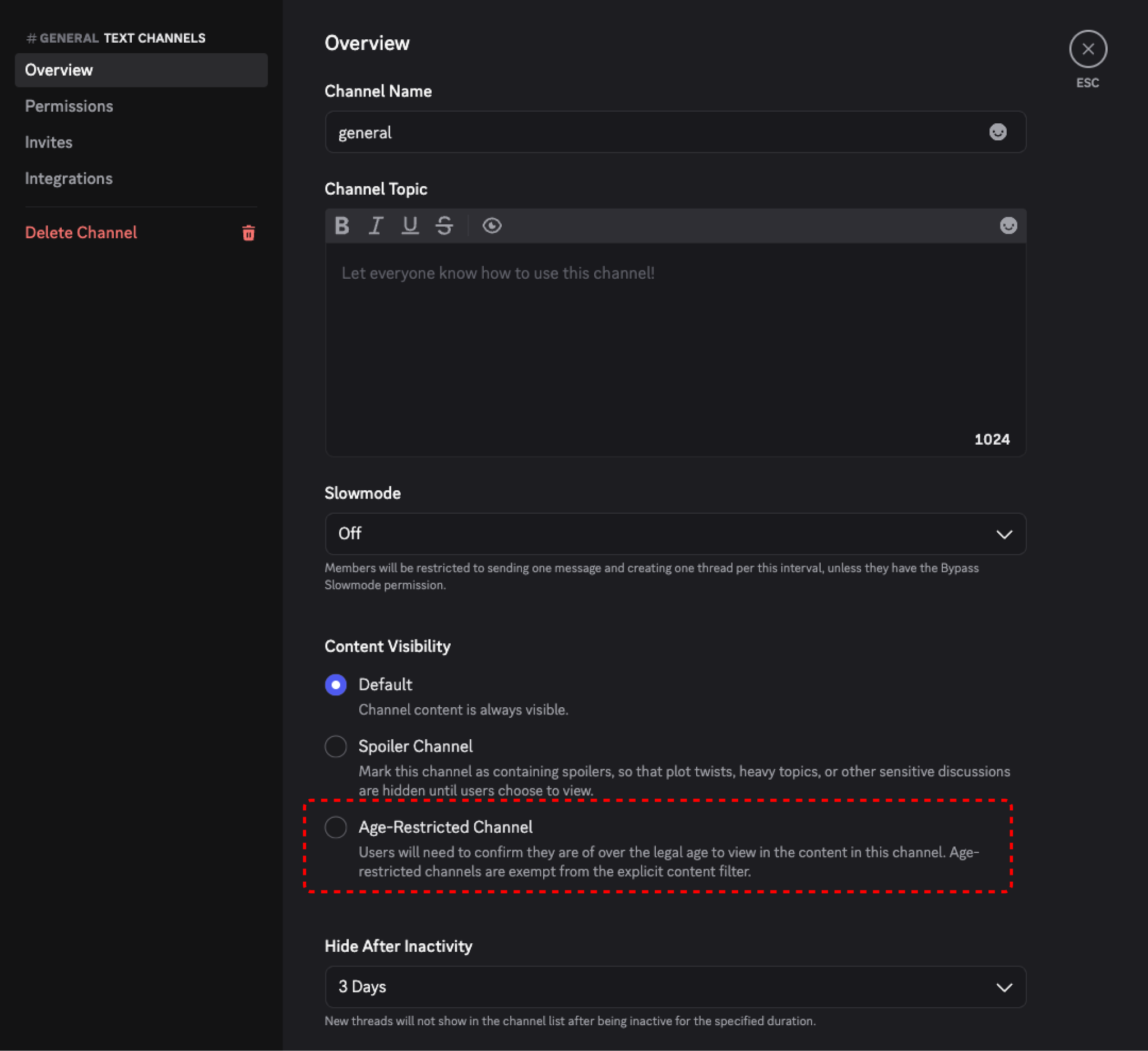 “Age-Restricted Channel” option in Overview Tab
