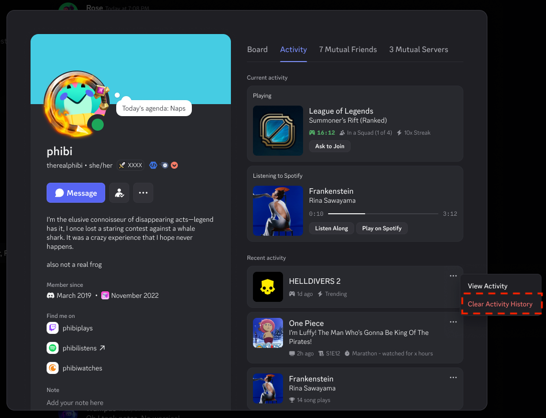 Clear Game History Option in Activity Menu 