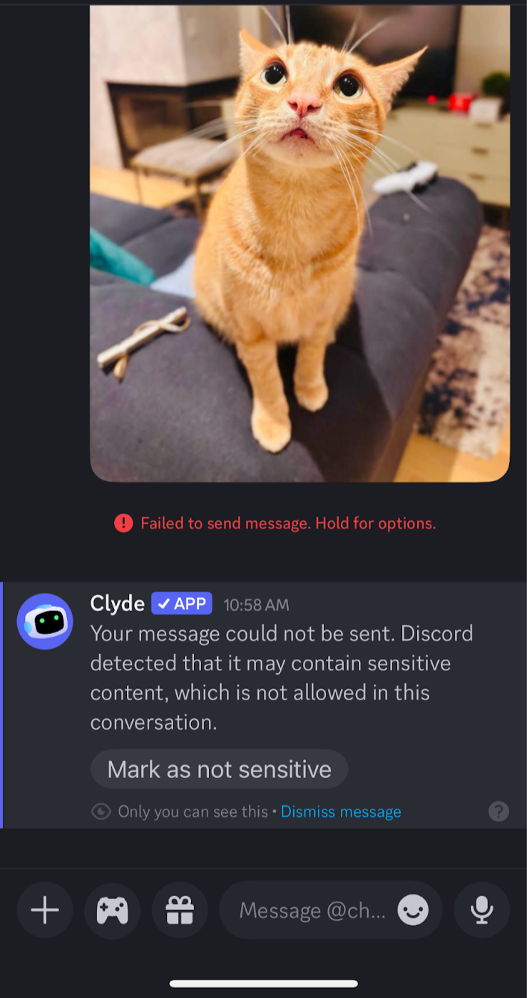 "Mark as not sensitive" flow, showing a blocked DM image with a Clyde message and a Mark as Not Sensitive option