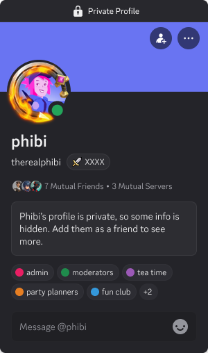 Example of a private profile as seen by someone who isn't a friend, showing a lock icon and limited info