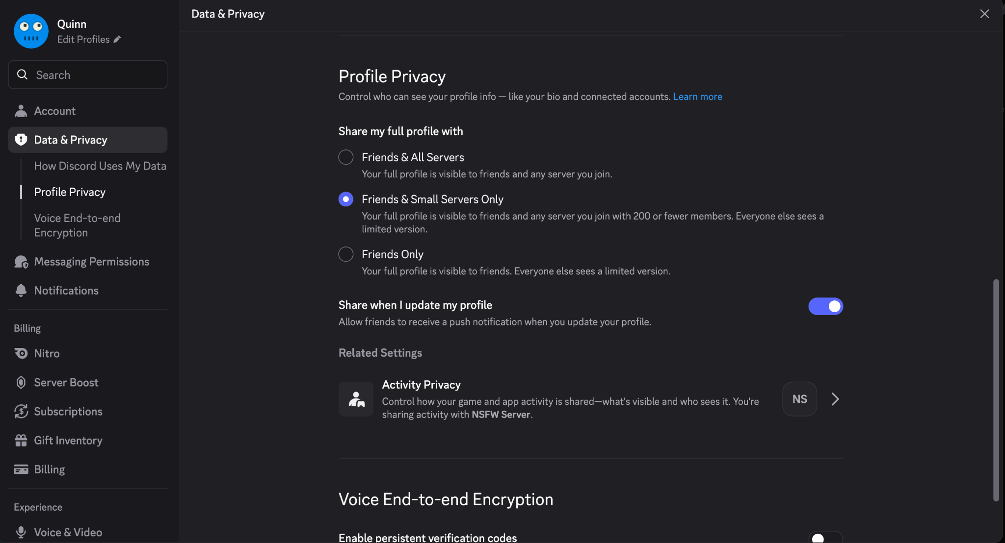 Profile Privacy Settings in Data & Privacy Settings Page