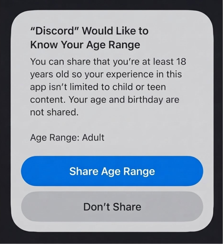 iOS system prompt: "Discord Would Like to Know Your Age Range," with Share Age Range option
