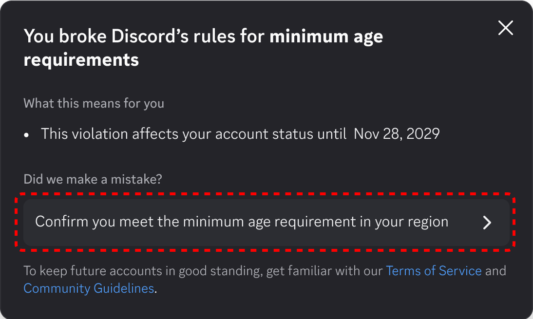 Violation detail card open, with the "Confirm you meet the minimum age requirement in your region" button highlighted