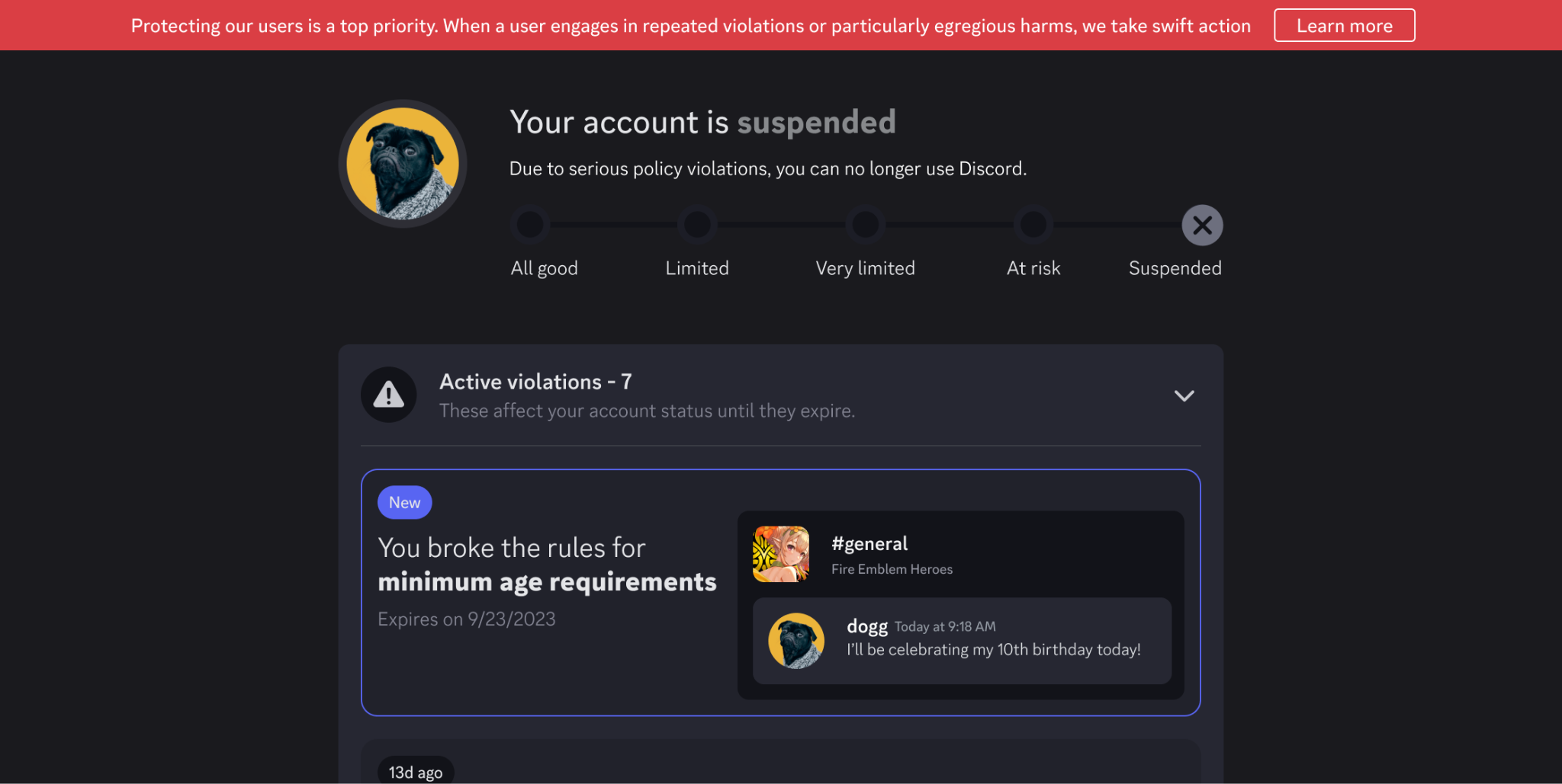 "Your account is suspended" screen, showing an Active Violations card for a minimum age requirements violation