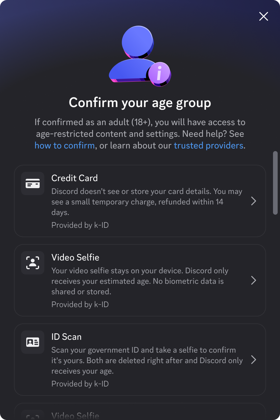 "Confirm your age group" screen listing method options: Credit Card, Video Selfie, and ID Scan