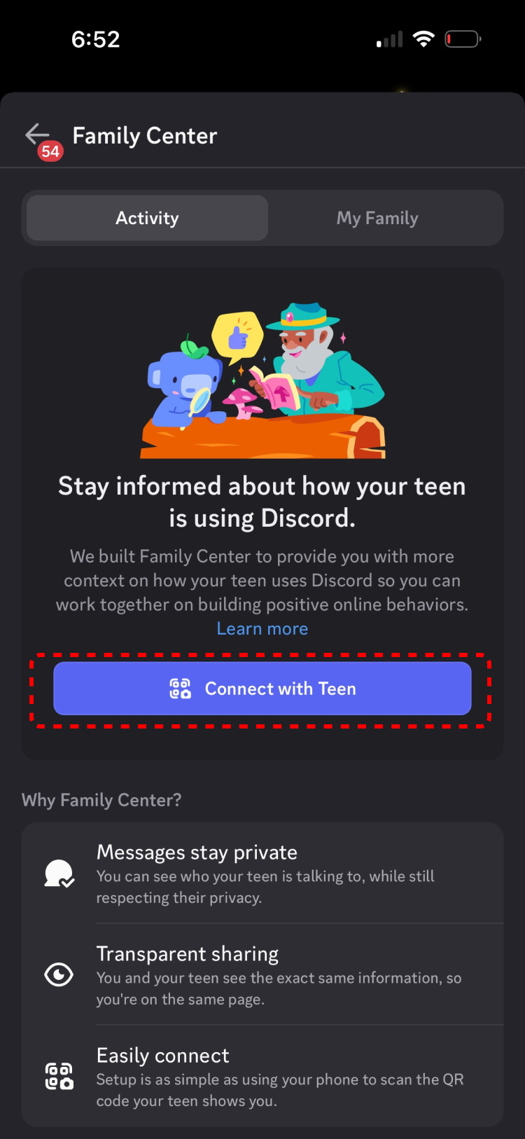 Exemple d’envoi d’une demande de connexion à un adolescent