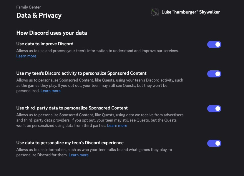 Ajustes de datos y privacidad en el Centro familiar