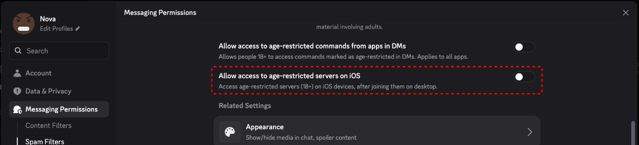 Option «&nbsp;Autoriser l'accès aux serveurs soumis à une limite d'âge sur iOS&nbsp;»
