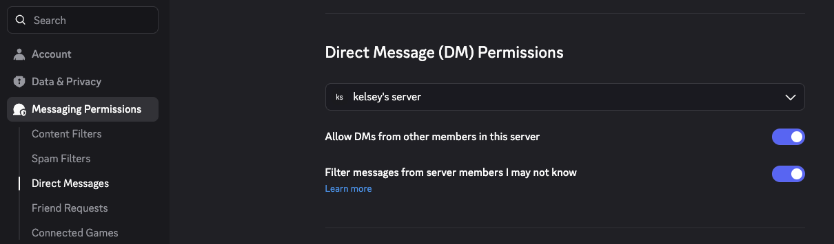 Paramètres des demandes de message dans les paramètres du serveur