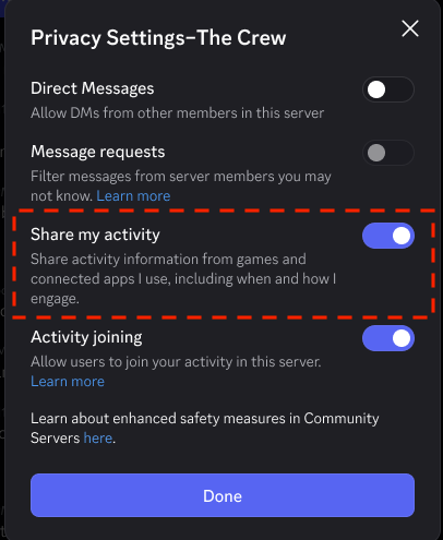 Botão Status de atividade nas Configurações de privacidade de um servidor