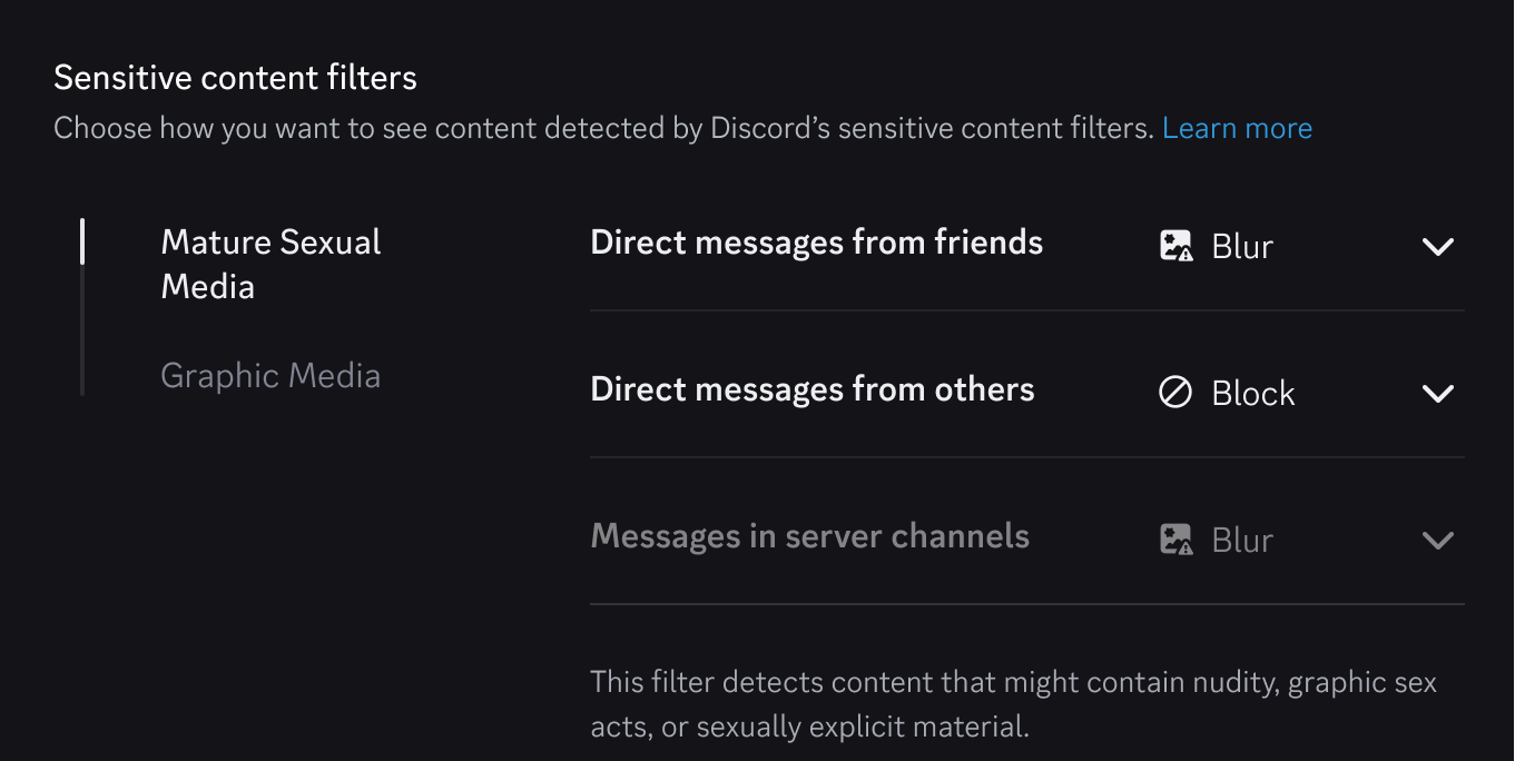 Ajustes de filtros de contenido delicado, que muestran los mensajes directos y los medios del canal del servidor configurados en Desenfoque o Bloquear