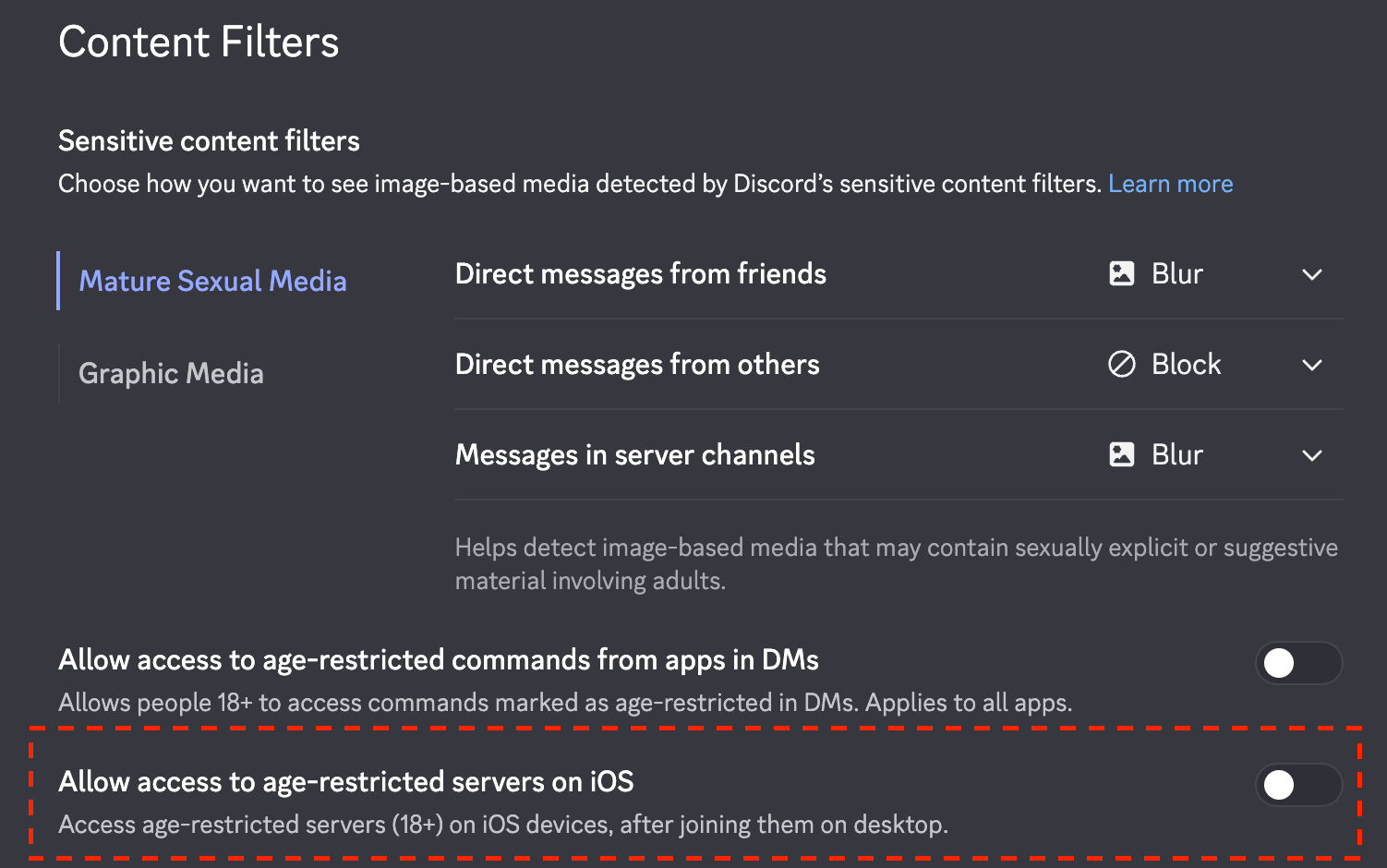 Configurações de filtros de conteúdo, que mostram as opções "Permitir acesso a comandos com restrição de idade de apps em DMs" e "Permitir acesso a servidores com restrição de idade no iOS", ambas desativadas