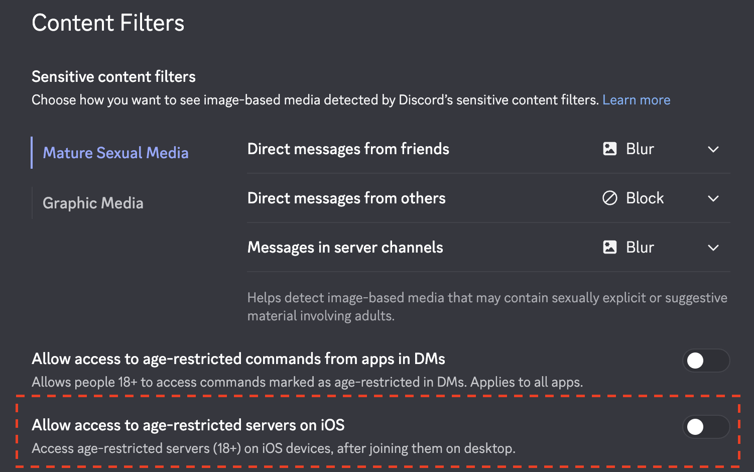 Configurações de Filtros de conteúdo mostrando a opção "Permitir acesso a servidores com restrição de idade no iOS" desativada
