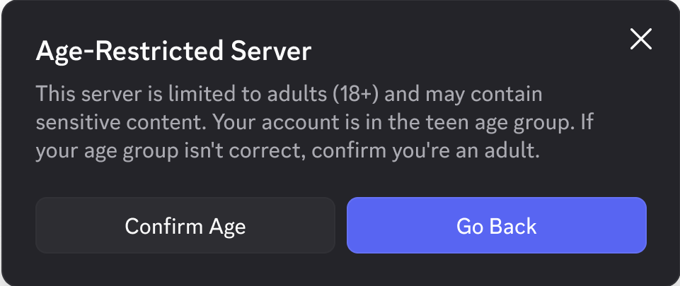 Pop-up "Server soggetto a limiti di età" che blocca l'accesso, con i pulsanti Conferma età e Indietro
