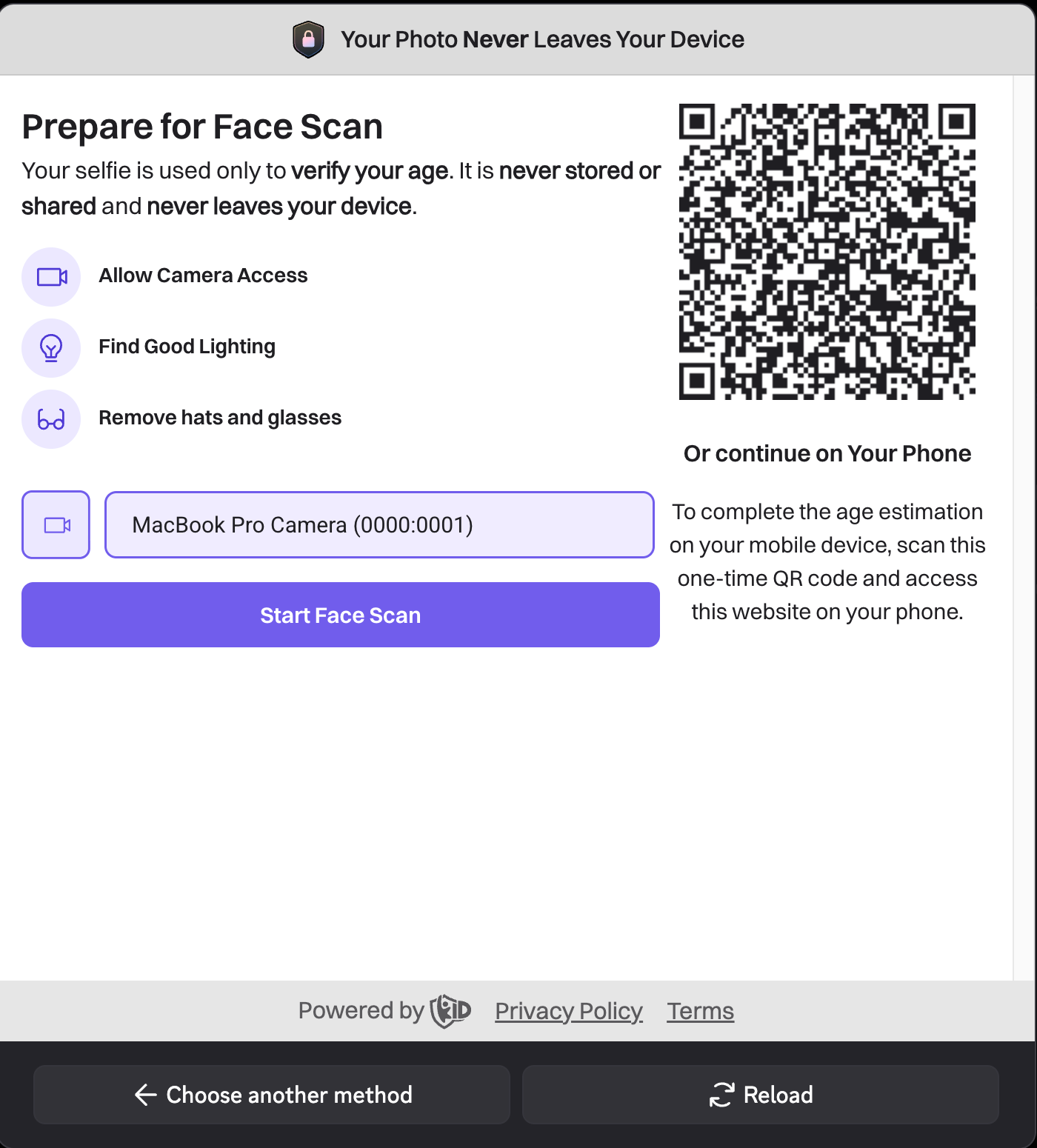 Bildschirm „Vorbereitung auf den Gesichtsscan“ mit Anweisungen zur Einrichtung des Videos und einem QR-Code zur Fortführung auf Mobilgeräten