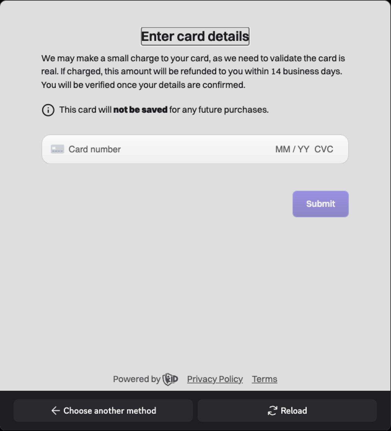 Écran «&nbsp;Saisir les informations de la carte&nbsp;» avec le numéro de carte et le bouton Envoyer