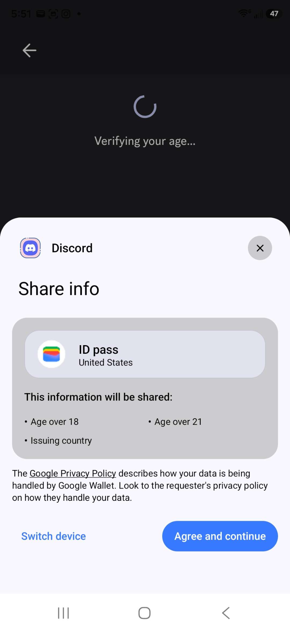 Écran «&nbsp;Partager les infos&nbsp;» de Google Wallet demandant de partager l’âge de la pièce d’identité et le pays d’émission avec Discord