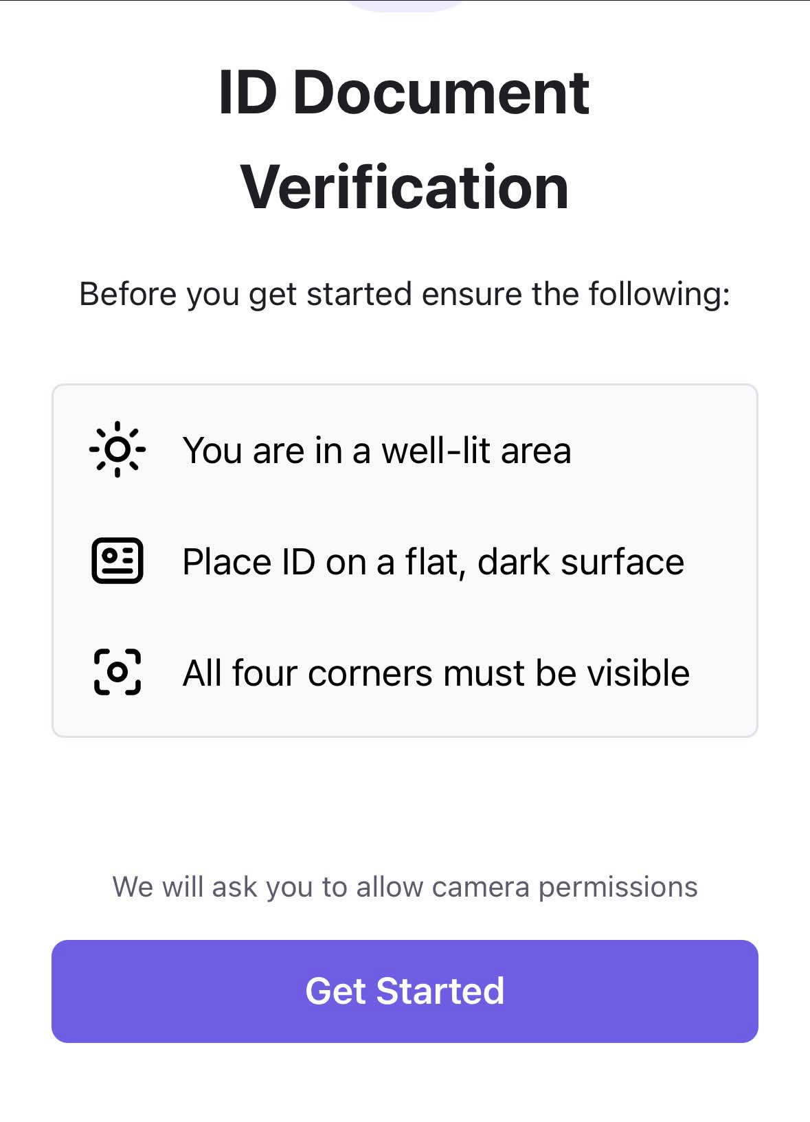 Écran «&nbsp;Vérification du document d’identité&nbsp;» avec des instructions avant la numérisation d’une pièce d’identité, et un bouton Commencer