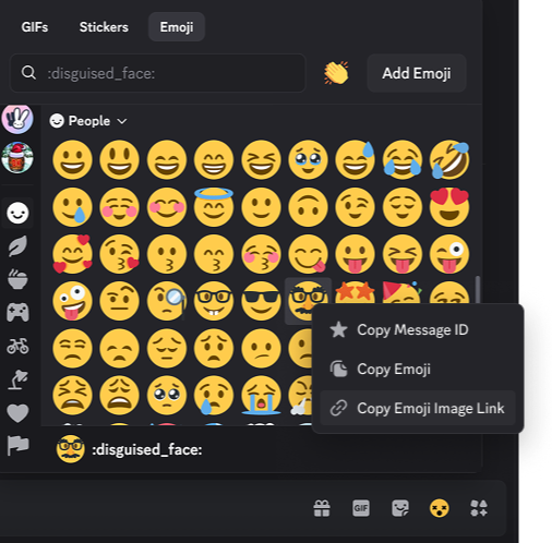 An example of the context menu in the Discord desktop app after right-clicking on an emoji in the Emoji Picker to locate the Copy Emoji Image Link option.