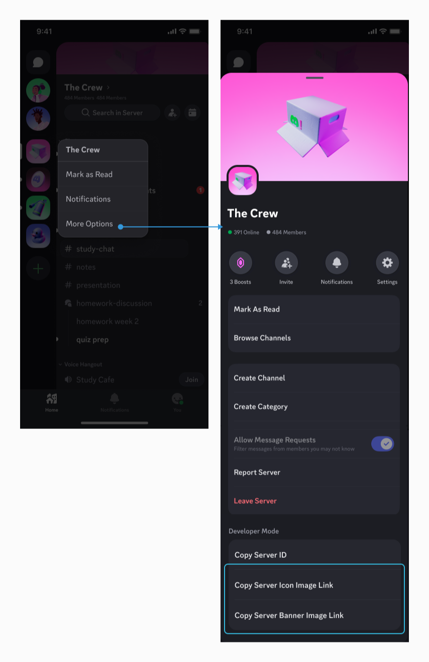 Long-pressing on the server icon in the server list will reveal the context menu, where you can select More Options and find the Copy Server Icon Image Link and Copy Server Banner Image Link options.