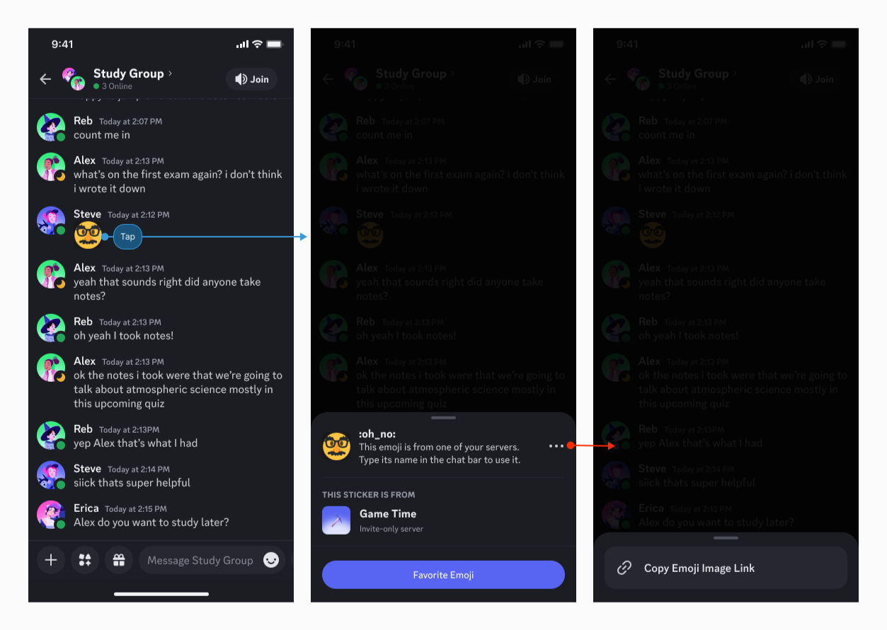 Brugerforløbet, hvor du trykker på en emoji i Discord-mobilappen, vælger menuen med de tre prikker og finder indstillingen "Kopier link til emoji-billede".