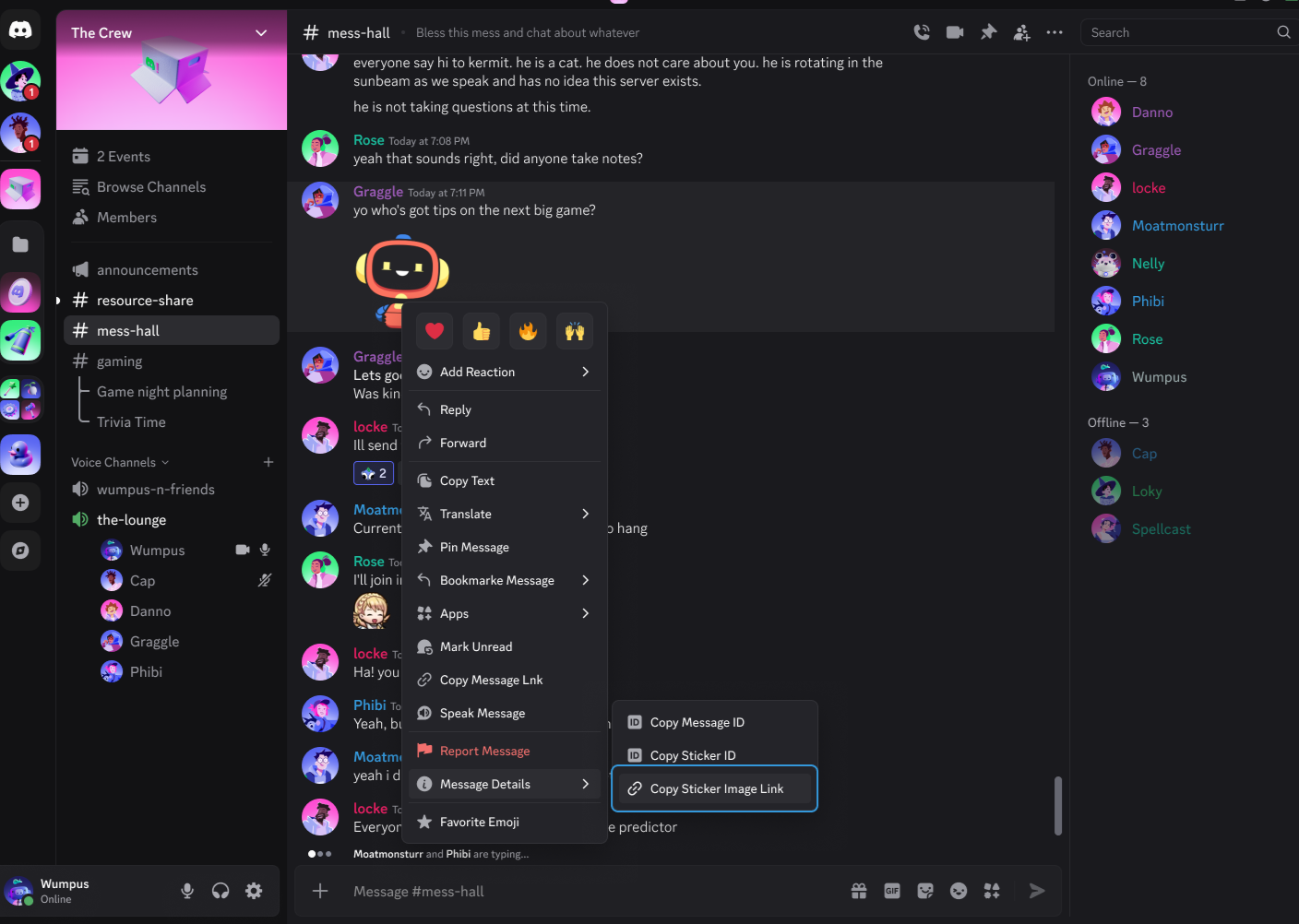 Exemplo do menu contextual no app para área de trabalho do Discord depois do clique com o botão direito do mouse em uma figurinha para localizar a opção Copiar link de imagem da figurinha.