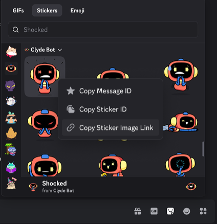 Exemplo do menu contextual no app para área de trabalho do Discord depois do clique com o botão direito do mouse em uma figurinha no seletor de emojis para localizar a opção Copiar link de imagem da figurinha.