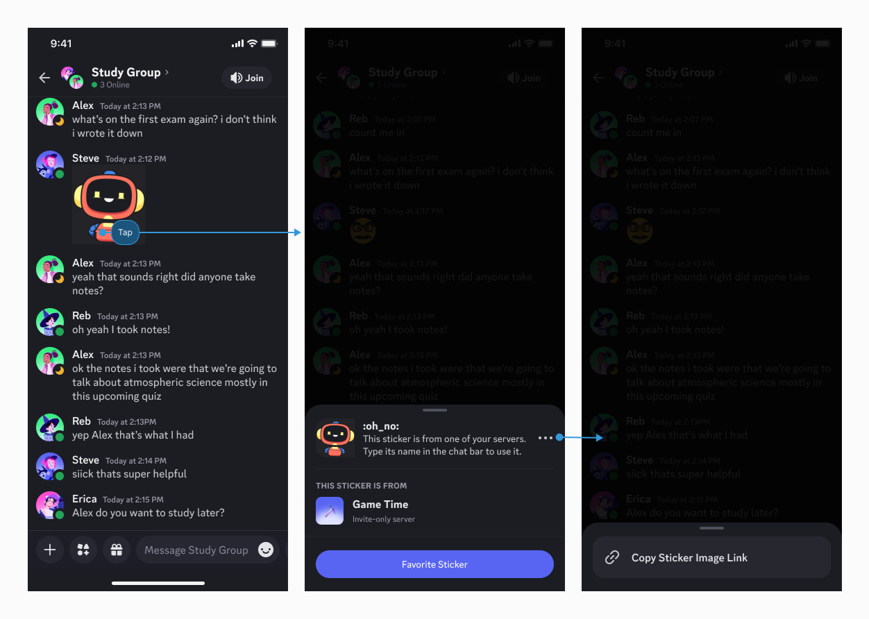 O fluxo do usuário de tocar em uma figurinha no app móvel do Discord, selecionar o menu de três pontos e encontrar a opção Copiar link de imagem da figurinha.