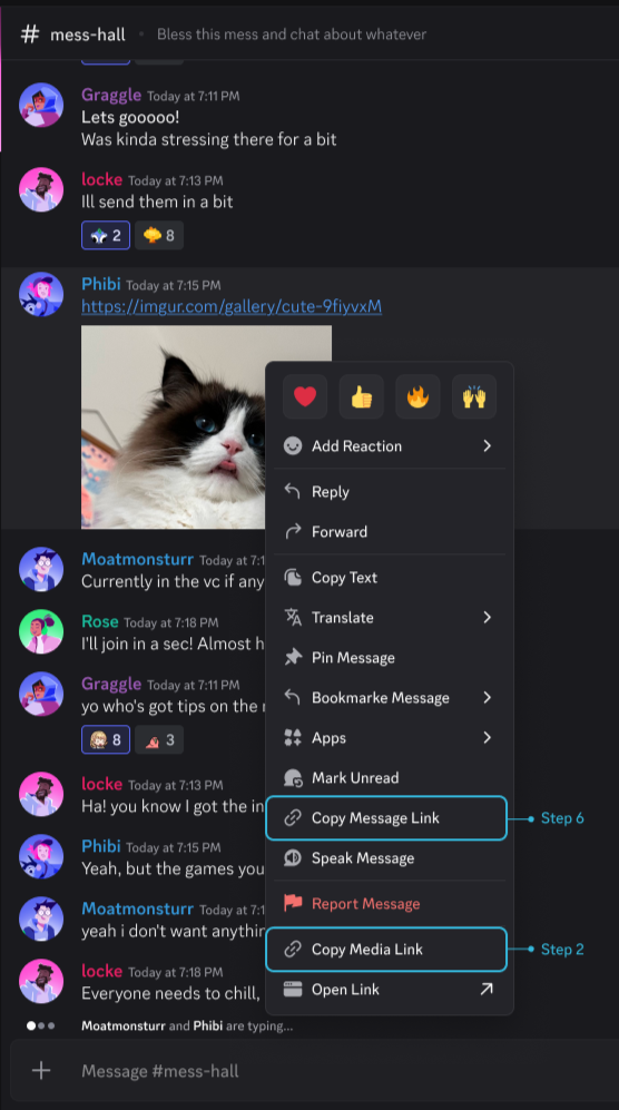 Ejemplo del menú contextual en la aplicación de escritorio de Discord que aparece al hacer clic derecho en un mensaje con un enlace de terceros para encontrar las opciones Copiar enlace multimedia y Copiar enlace del mensaje.